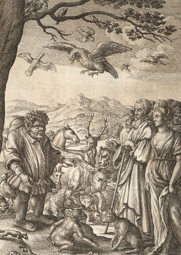 Rycina przedstawia grupę ludzi i zwierząt na łonie przyrody. Z lewej strony widzimy fragment pnia dużego drzewa, na którego gałęziach siedzą ptaki. Przy drzewie stoi krępy, garbaty mężczyzna z burzą loków na głowie, z wąsami i dużym nosem, w prostym ubraniu, koszuli przepasanej tasiemką i obcisłych spodniach. Mężczyzna podnosi lewą rękę na wysokość klatki piersiowej, palcem wskazuje ludzi, którzy stoją naprzeciw niego. Po prawej stronie widzimy grupę ludzi - mężczyzn i kobietę spoglądających na mężczyznę naprzeciw. Wyglądają jakby się przysłuchiwali temu, co mówi. Jeden z mężczyzn stojących w grupie podpiera się laską. Miedzy ludźmi i za nimi stoją zwierzęta: koń, wół, jeleń, kozioł, kot, lis, owieczka i zając i inne. W oddali, na drugim planie widoczne są góry i las.