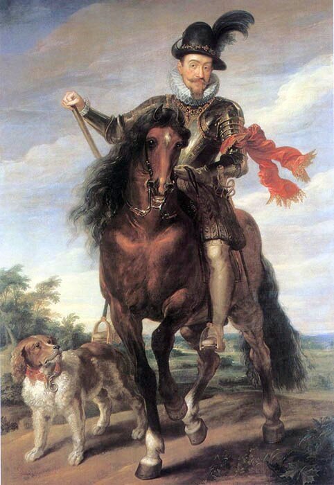 Obraz przedstawia mężczyznę  na koniu. Jest to król Zygmunta III Waza. Na dole obrazu, po jego lewej stronie, przy nodze konia jest namalowany psa.
