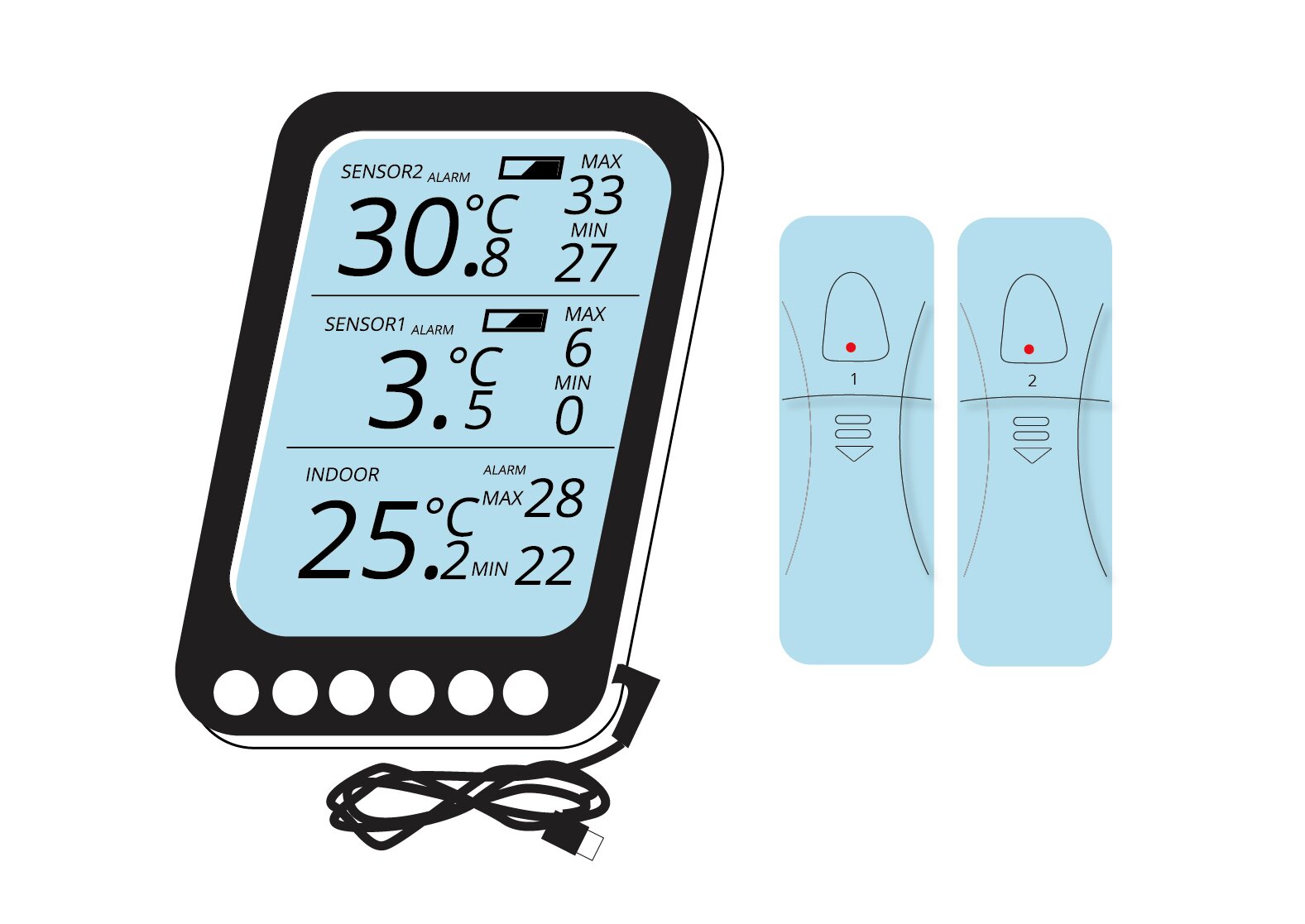Widoczna jest grafika przedstawiająca termometr cyfrowy. Urządzenie  ma kształt prostopadłościanu. Ekran wyświetlacza wskazuje wartości maksymalne i minimalne temperatury podane  w stopniach Celsjusza. W części bocznej urządzenia widoczny kabel z końcówką USB. Obok widoczne są  dwa piloty sterujące.