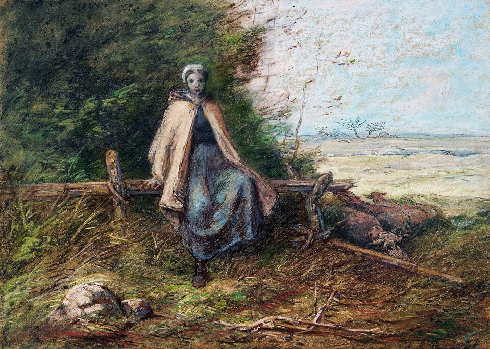 Dzieło autorstwa Jean‑Françoisa Milleta pod tytułem „Pastuszka” przedstawia młodą kobietę siedzącą na żerdzi tworzącej ogrodzenie. Kobieta ma brązowe włosy ukryte pod białym czepkiem, ubrana jest w długi płaszcz i niebieską suknię sięgającą do kostek. Kobieta pilnuje pasącego się bydła. Po lewej stronie kobiet przy ogrodzeniu znajduje się bydło. Portret kobiety został wykonany na tle zielonych krzewów oraz błękitnego nieba.