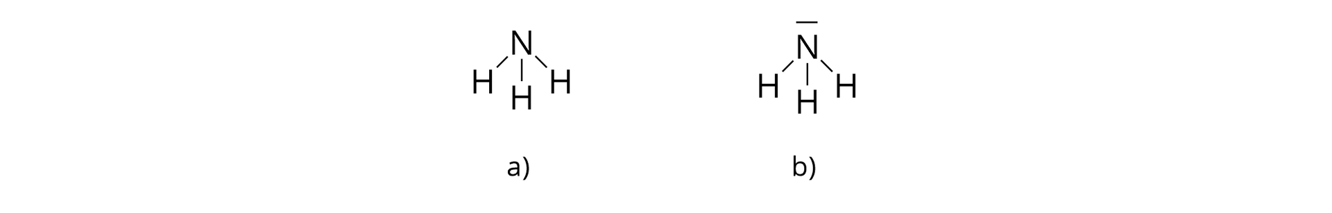 Na ilustracji ukazano wzór strukturalny oraz wzór elektronowy cząsteczki amoniaku. Wzór strukturalny składa się z atomu azotu N, od którego odchodzą trzy wiązania pojedyncze do atomów wodoru H. Pod spodem znajduje się napis: a). Wzór elektronowy wygląda podobnie, ale nad atomem azotu znajduje się pozioma kreska. Pod spodem znajduje się napis: b).