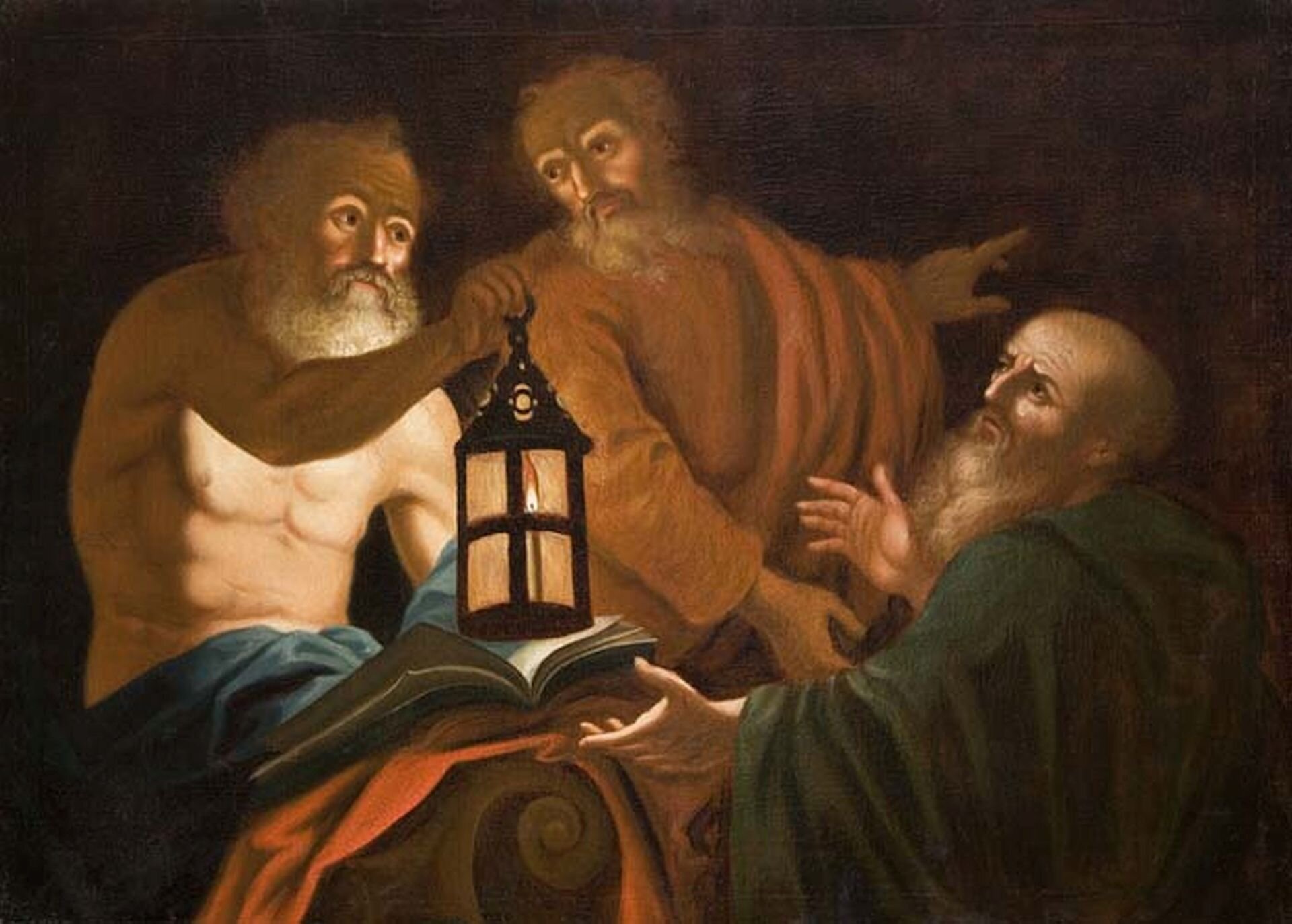Ilustracja przedstawia półnagą postać Diogenesa w towarzystwie dwóch mężczyzn. W prawej ręce greckiego filozofa widoczna jest zapalona latarnia, zaś na kolanach znajduje się księga.