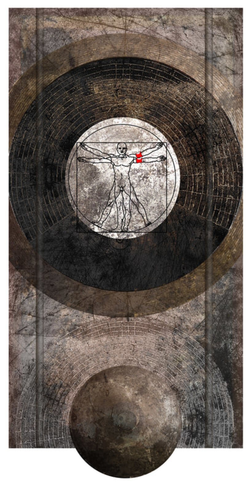 Ilustracja o brązowym tle przedstawia dwa metalowe gongi, które umieszczone zostały na górze i na dole dzieła. W ten górny wpisany jest człowiek witruwiański - czyli figura nagiego mężczyzny w dwóch nałożonych na siebie pozycjach, wpisaną w okrąg i kwadrat. Sama postać została zmodyfikowana, na twarzy można zauważyć charakterystyczny wąsik, podobny do tego, jaki nosił Adolf Hitler. Kolejnym nawiązaniem do tej postaci są czerwone naramienniki z białym kółkiem i czarnym symbolem swastyki.