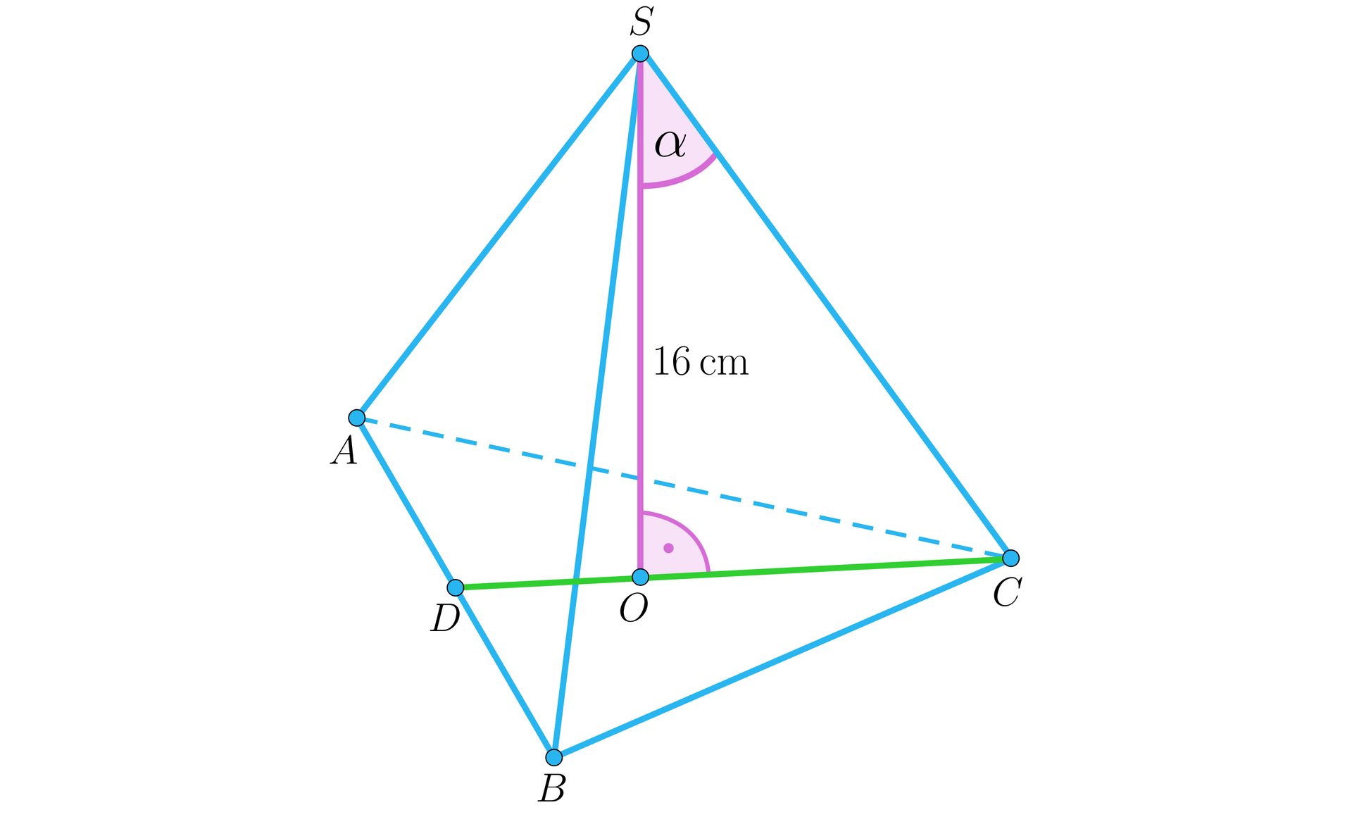 Ilustracja przedstawia ostrosłup prawidłowy trójkątny ABCS o wysokości o długości 16 centymetrów. Zaznaczono wysokość podstawy CD. Kąt między wysokością ostrosłupa, a krawędzią boczną to alfa 