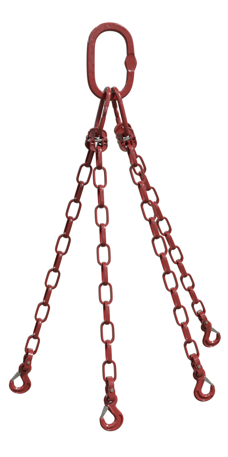 Na zdjęciu przedstawione jest zawiesie łańcuchowe czterocięgnowe zakończone z jednej strony hakami z zabezpieczeniami.Na zdjęciu widoczne są cztery zawiesia. Podstawą zawiesia jest łańcuch oczkowy. Górna część łańcucha jest przymocowana do ogniwa. Na lewym ogniwie zawieszone są dwa łańcuchy. Na prawym ogniwie zaczepione są dwa łańcuchy. Dwa ogniwa są zaczepione do dużego ogniwa zbiorczego. W dolnej części każde z zawiesi jest zakończone hakiem. Hak wyposażony jest w zapadkę zamykającą ucho