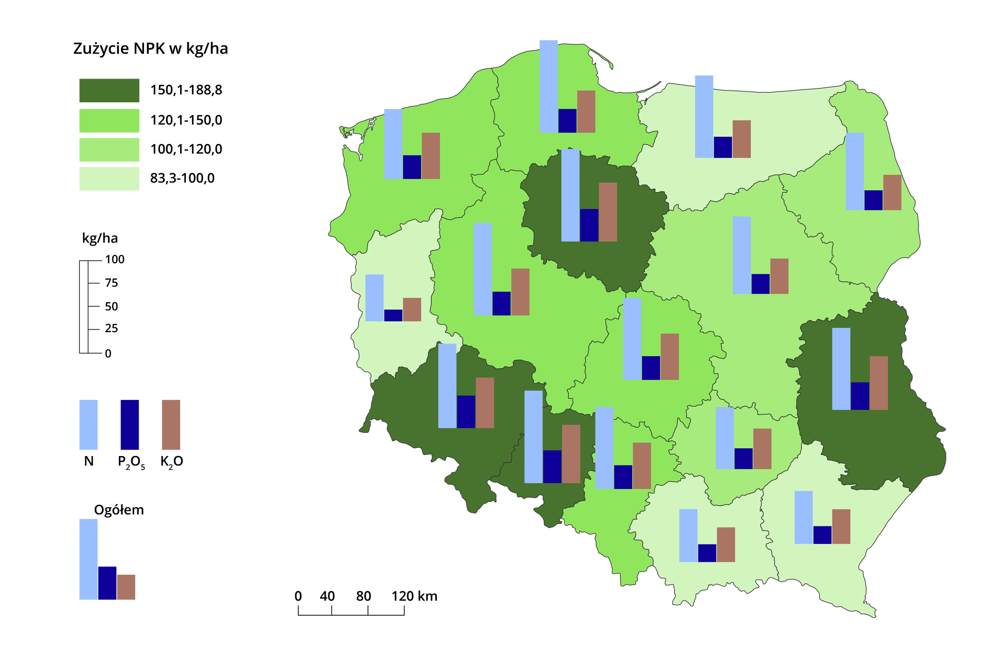 Mapa obrazuje zużycie nawozów mineralnych lub chemicznych (w czystym składniku) według województw w roku gospodarczym 2018/2019 w Polsce. Województwami o największym zużyciu były: kujawsko-pomorskie, lubelskie, dolnośląskie i opolskie. Zużyto tam między 150,1 a 188,8 kg nawozów na ha.