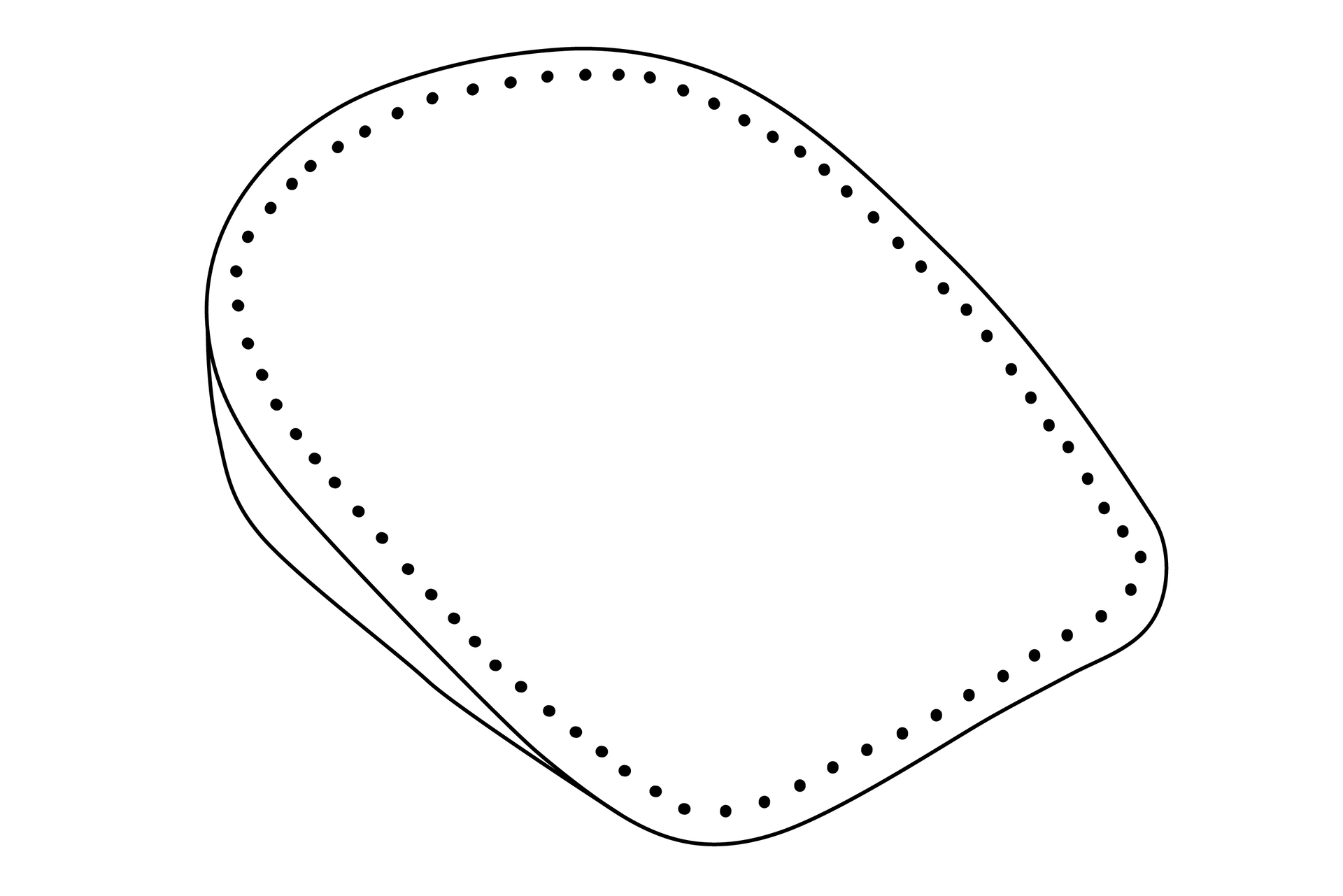 Grafika przedstawia prostokątny kształt. Wokół krawędzi biegną umieszczone obok siebie, drobne kropki.