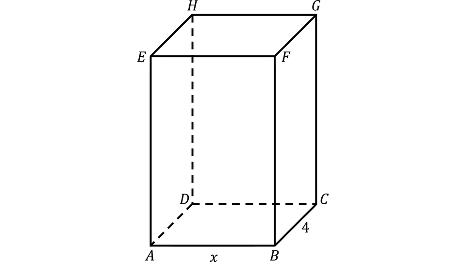 Rysunek przedstawia prostopadłościan o wierzchołkach oznaczonych literami. Podstawa prostopadłościanu to prostokąt ABCD. Górna podstawa to prostokąt EFGH. Oznaczenia wierzchołków (od dołu, przeciwnie do ruchu wskazówek zegara, a następnie góra):Dolna podstawa: A, B, C, D. Górna podstawa: E, F, G, H (gdzie E jest nad A, F nad B, G nad C, a H nad D). Krawędź podstawy AB opisano literą x. Krawędź podstawy BC opisano liczbą 4.