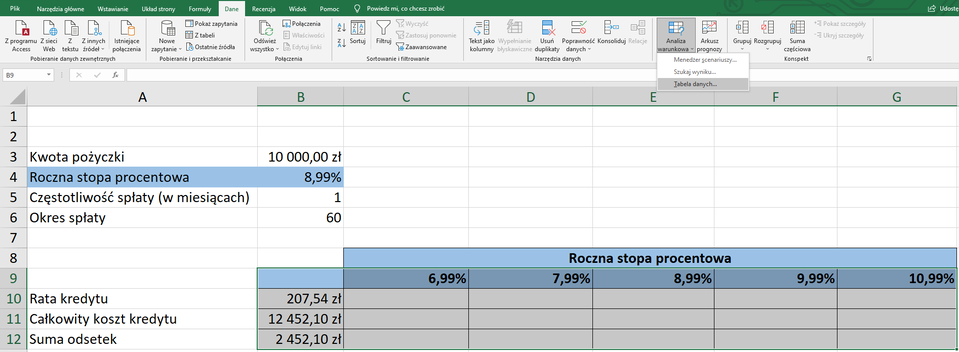 Ilustracja przedstawia fragment arkusza Microsoft Excel. Widoczne są kolumny od A do G. Komórce A3 wpisano kwota pożyczki. W komórce B3 10 000 zł. W komórce A4 roczna stopa oprocentowania. W komórce B4 8,99%. W komórce A5 częstotliwość spłaty w miesiącach.  Komórce B5 wpisano wartość 1. W komórce A6 wpisano okres spłaty.  W komórce B6 wpisano 60. W wierszu 8, W komórkach C, D, E, F oraz G wpisano nagłówek tabeli: roczna stopa procentowa. W wierszu 9 w komórkach C, D, E, F oraz G wpisano kolejno wartości: 6,99%, 7,99%, 8,99%, 9,99%, 10,99%. W kolejnych wierszach poniżej wpisano rata kredytu, całkowity koszt kredytu, suma odsetek.  Dodatkowo w kolumnie B, w komórkach B10, B11, B12 wpisano wartości w złotówkach. Rata kredytu 207,54 zł. Całkowity koszt kredytu 12452,10 zł. Suma odsetek 2452,10 zł. Zaznaczono obszar tabeli bez nagłówka B9:G12.