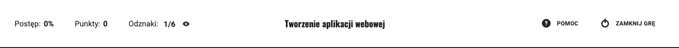 Widok opcji gry oraz jej tytułu. Od lewej znajdują się opcje: postęp, punkty, odznaki, pomoc oraz zakończ grę.