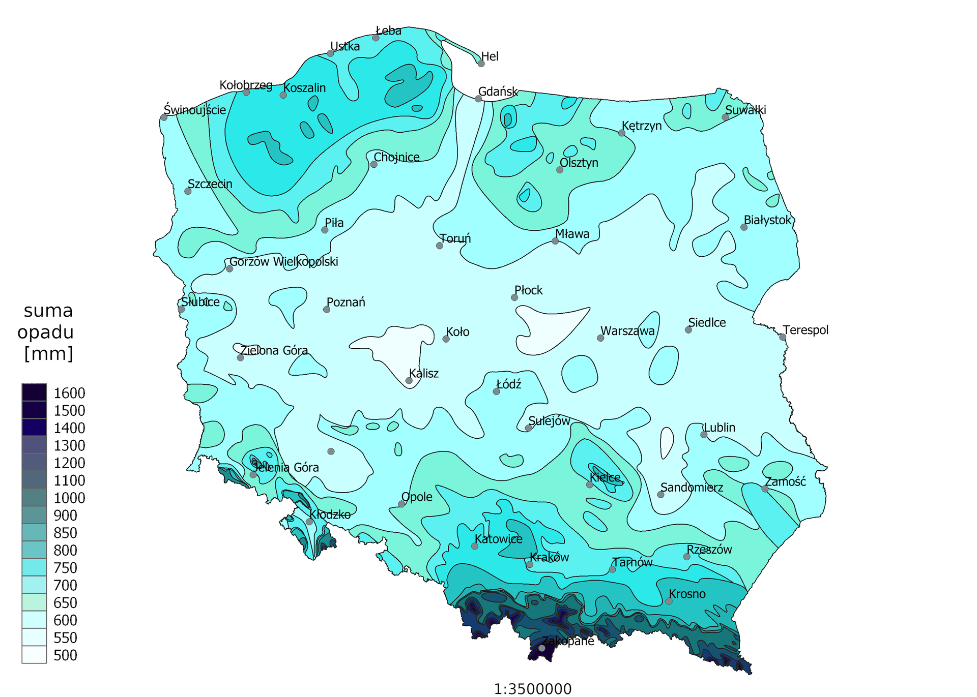 Na mapie Polski zaznaczono średnią sumę opadów w latach 1981-2010. Najmniej opadów jest w pasie centralnej Polski ciągnącym się z zachodu na wschód. Tam opady średnio wynoszą poniżej 650 milimetrów. Najwięcej opadów jest na południu Polski - w górach, powyżej 1100 milimetrów.
