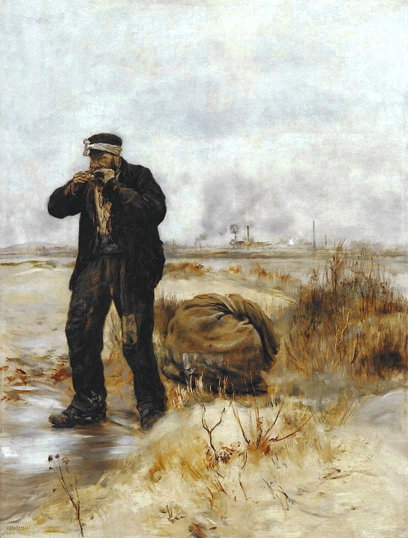 Obraz przedstawia dojrzałego mężczyznę, który stoi przy piaszczystym brzegu rzeki. Ubrany jest w ciemny strój, ma na głowie czapkę oraz jasną opaskę. Mężczyzna zapala fajkę. Za nim leży zwinięty brązowy materiał. Wokół są niskie, żółte zarośla. W tle są kominy, z których leci dym.