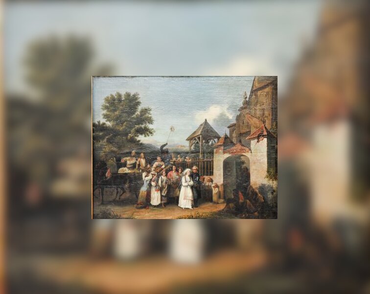 Obraz przedstawia orszak weselny zmierzający do kościoła. Na przedzie znajduje się para młoda, która wkrótce przekroczy bramę kościelną. Za nimi podążają goście w ludowych strojach oraz muzykanci.