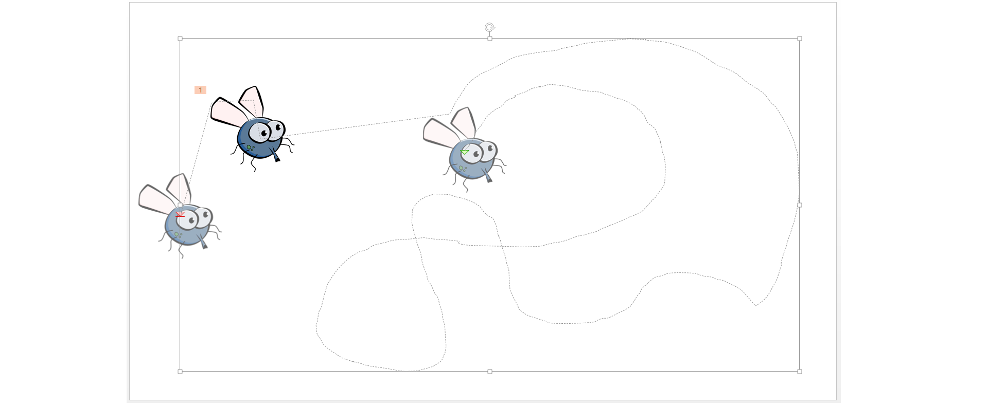 Zrzut ekranu przedstawia grafikę owada, do której dodano przykładowe ścieżki ruchu mające symulować jego lot. Ten sam owad widoczny jest w trzech miejscach, symbolizuje to zmianę jego położenia. Ścieżki ruchu przedstawione są w postaci krzywych oraz linii i wyglądają jak odręcznie narysowane. Ścieżka składa się z dwóch części. Początek ścieżki zaznaczony jest zielonym trójkątem. Pierwsza część ścieżki prowadzi od pierwszego do drugiego owada. Obok drugiego owada znajduje się prostokąt z cyfrą 1. Symbolizuje on numer ścieżki. Druga część ścieżki prowadzi od drugiego do trzeciego owada. Koniec ścieżki oznaczony jest czerwonym trójkątem.