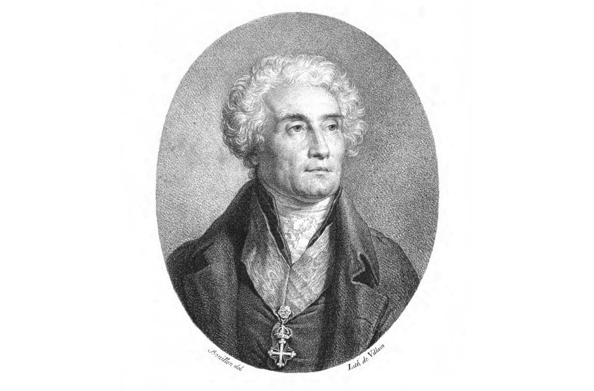 Ilustracja przedstawia portret dojrzałego mężczyzny. Ma lekko kręcone włosy, prosty nos, prostokątną twarz i lekko zarysowany drugi podbródek. Ubrany jest w surdut z apaszką i orderem na szyi.