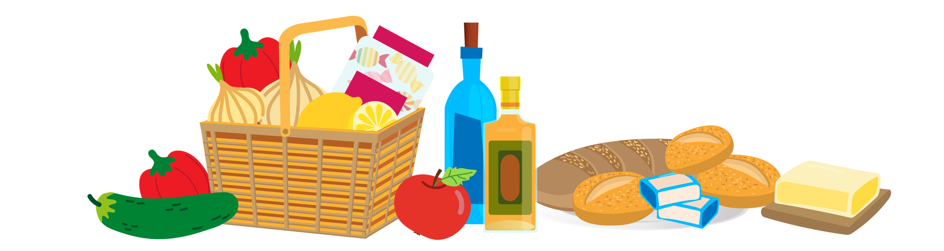 Ilustracja przedstawia produkty spożywcze. Po lewej stronie leżą ogórek i czerwona papryka. Dalej stoi brązowy koszyk, w którym znajdują się dwie cebule, czerwona papryka, dwie cytryny i słoik z cukierkami. Na środku, obok koszyka, leży czerwone jabłko. Dalej na prawo stoi niebieska butelka z korkiem oraz przezroczysta butelka oliwy. Po prawej stronie leżą trzy bułki, bochenek chleba, dwie kostki drożdży oraz kostka masła na małej drewnianej desce.