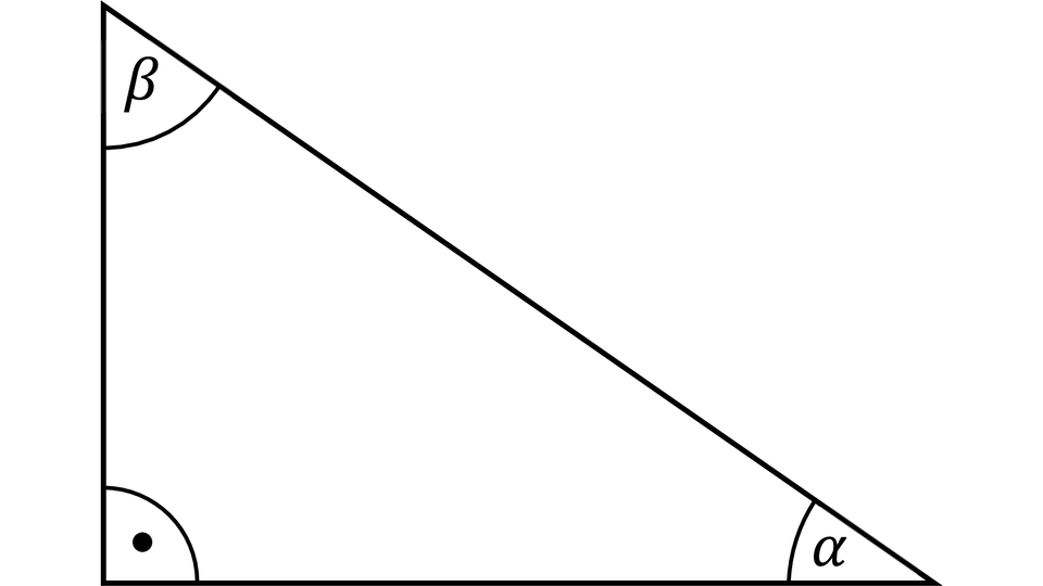 
Ten obraz przedstawia trójkąt prostokątny z trzema zaznaczonymi kątami:
Kątem prostym zaznaczonym małą kropką wewnątrz łuku w dolnym lewym wierzchołku.
Kątem ostrym alfa zaznaczonym w dolnym prawym wierzchołku.
Kątem ostrym beta – zaznaczonym w górnym lewym wierzchołku.
