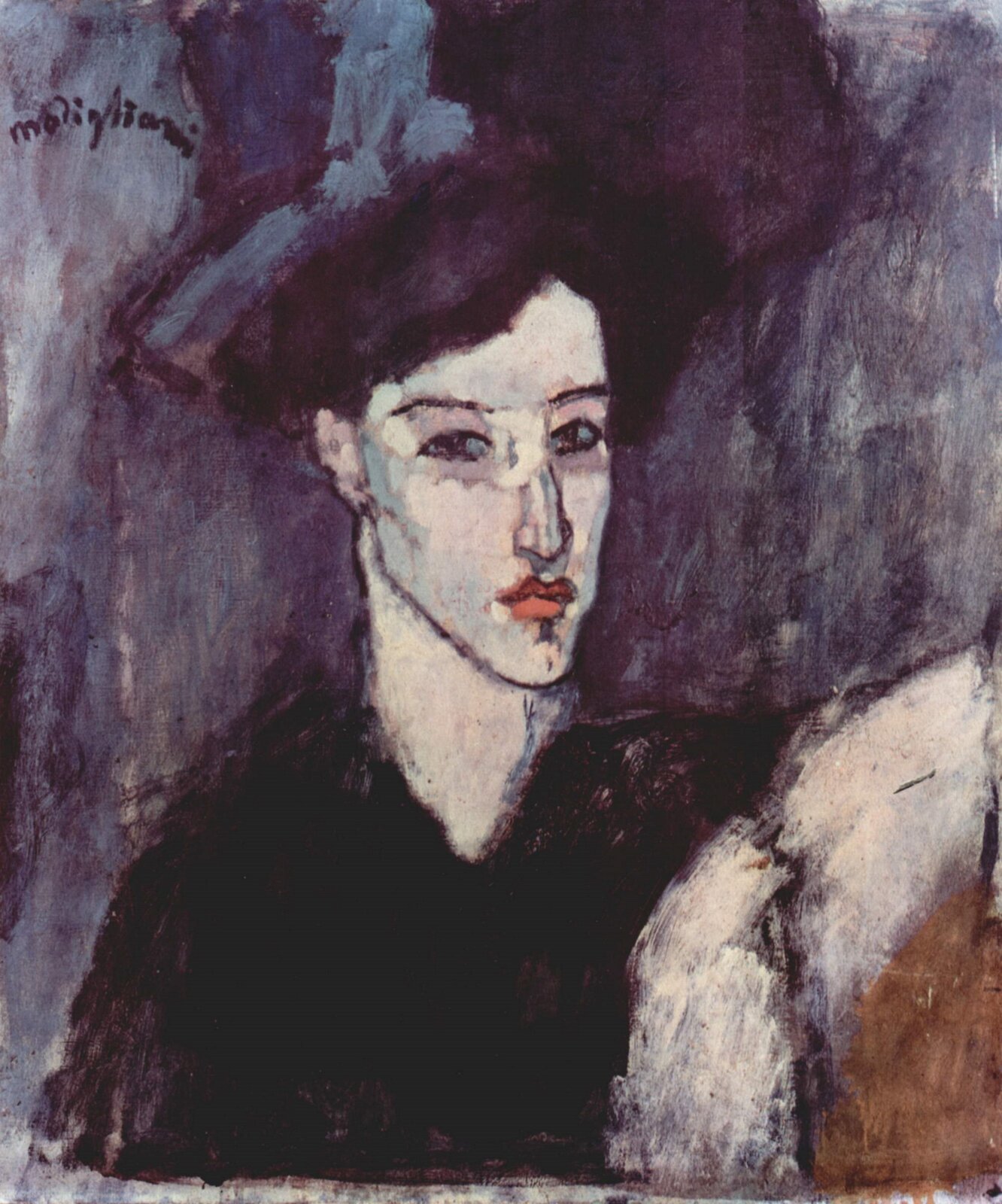 Ilustracja przedstawia obraz Amedeo Modigliani pt. „Żydówka”. Obraz ukazuje kobietę z pociągłą twarzą i czerwonymi ustami. Żydówka ubrana jest w czarną koszulę.