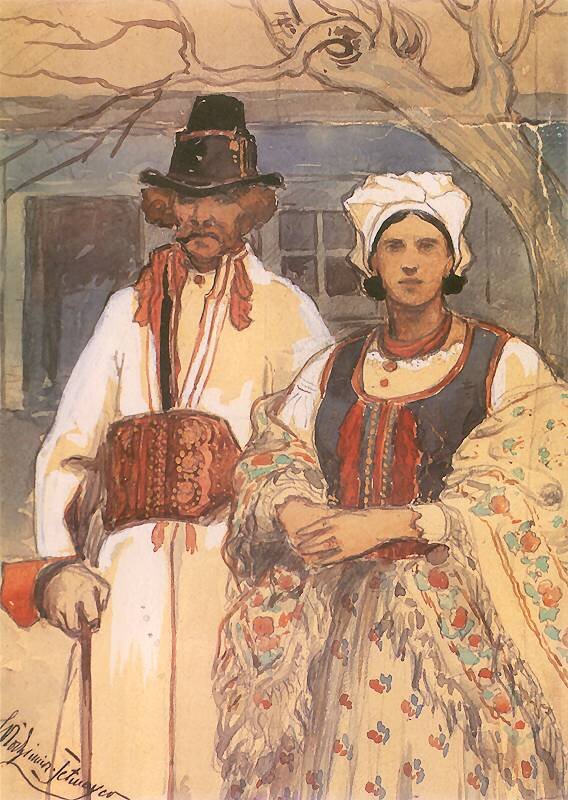 Obraz przedstawia portret dwóch osób – mężczyzny i kobiety – ubranych w tradycyjne stroje ludowe. Mężczyzna stoi po lewej stronie, ubrany jest w długi biały płaszcz przewiązany szerokim, czerwonym pasem z ornamentami. Na głowie ma czarny kapelusz, a w ręce trzyma laskę lub kij. Kobieta znajduje się po prawej stronie, ubrana jest w kolorową, wzorzystą suknię z ciemnym gorsetem, czerwoną wstawką i jasną spódnicą ozdobioną kwiatowym motywem. Ma na sobie także duży ozdobny szal z kwiecistym wzorem, a na głowie biały, zdobiony czepiec. W tle widać fragment domu z oknem oraz gałęzie nagiego drzewa. 