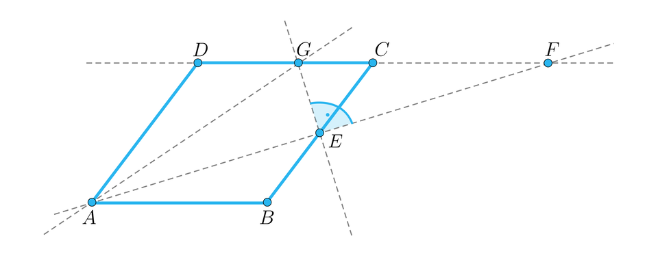 Na ilustracji przedstawiono równoległobok A B C D. Zaznaczono punkt E, stanowiący środek boku C B. Linią przerywaną zaznaczono prostą, na której leży bok D C, oraz prostą przechodzącą przez wierzchołek A i punkt E. Obie proste przecinają się w punkcie F. Linią przerywaną zaznaczono także prostą prostopadłą do prostej A F, przechodzącą przez punkt E i przecinającą bok D C w punkcie G.