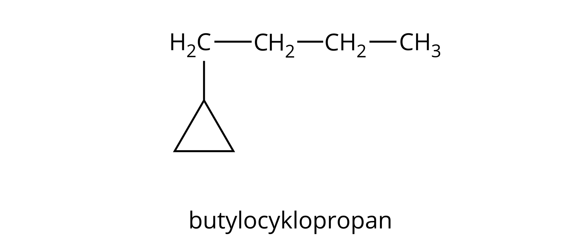 Ilustracja przedstawiająca wzór półstrukturalny butylocyklopropanu zbudowanego z trójkąta symbolizującego trójczłonowy pierścień nasycony złożony z trzech atomów węgla, z których dwa podstawione są każdy dwoma atomami wodoru, a jeden związany jest z atomem wodoru oraz pierwszą z trzech kolejno połączonych ze sobą grup CH2, z których ostatnia podstawiona jest jedną grupą metylową CH3.