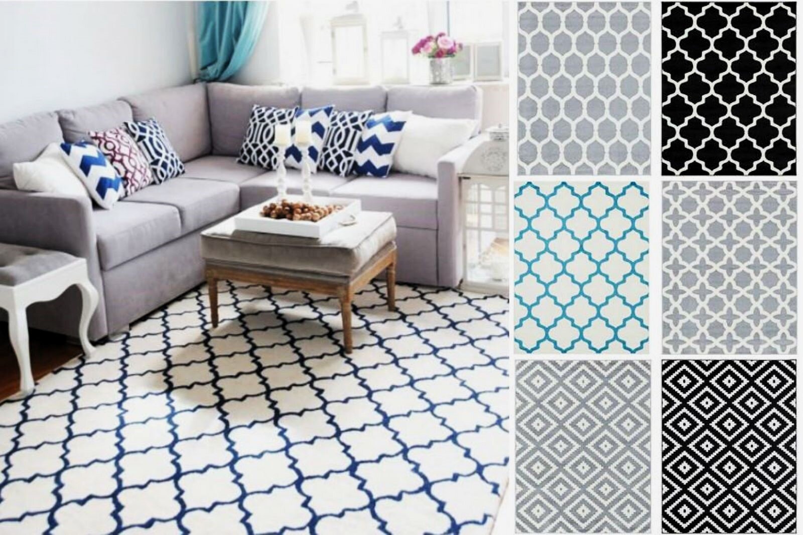Zdjęcie ukazuje motywy dekoracyjne we współczesnych wnętrzach. Po lewej stronie zdjęcie salonu z narożnikiem, małym stolikiem i wzorzystym dywanem na podłodze, po prawej stronie umieszczono sześć różnych wzorów, które można znaleźć na dywanach, zasłonach i kafelkach.