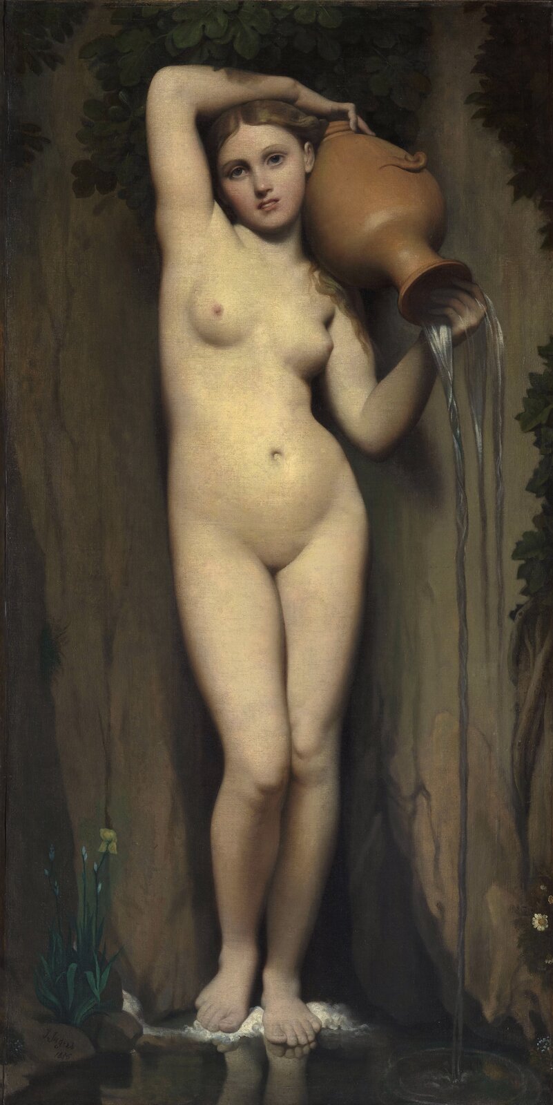 Ilustracja przedstawia obraz Auguste Ingres, „Źródło". Młoda, naga kobieta stoi na tle szarej ściany i ciemnych liści. Kobieta na ramieniu trzyma gliniany dzban, odwrócony w taki sposób, że wycieka z niego woda. Jedną ręką trzyma otwór dzbana, drugą, przełożoną nad głową podtrzymuje jego dno.