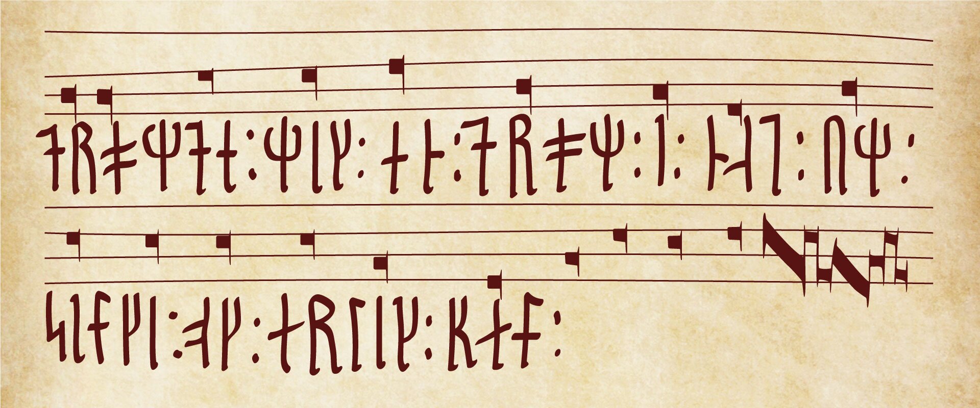 Na ilustracji znajduje się beżowa kartka papieru z umieszczonymi na niej dwoma czerwonymi czteroliniami z umieszczonymi na nich czerwonymi znakami przypominającymi chorągiewki. Pomiędzy nimi znajduje się ułożony obok siebie w dwóch rzędach, czerwony zapis w formie runicznej.