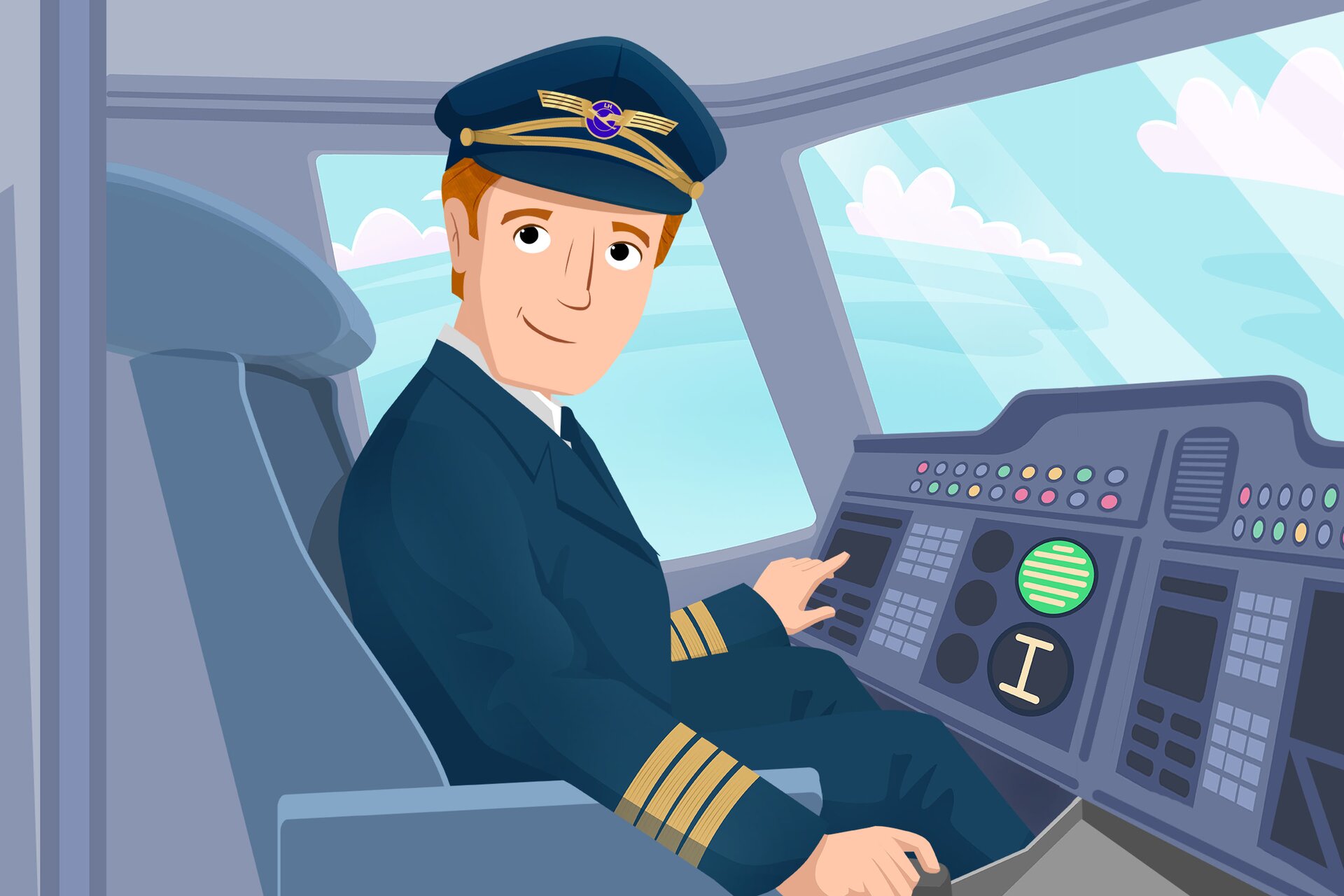 Ilustracja przedstawia pilota w kokpicie.