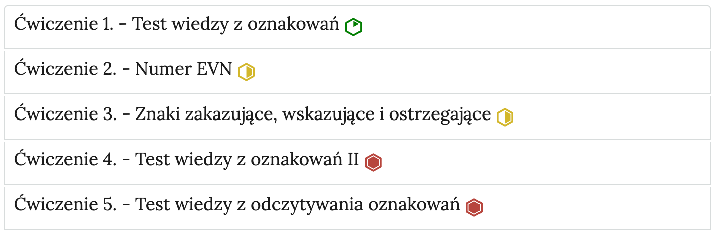 Zrzut ekranu przedstawia przykładowy wygląd zakładek z interaktywnymi materiałami sprawdzającymi. Widoczne jest pięć zakładek z ćwiczeniami, na każdej zakładce jest numer ćwiczenia i jego tytuł. Po tytule widać symbol poziomu trudności danego ćwiczenia.