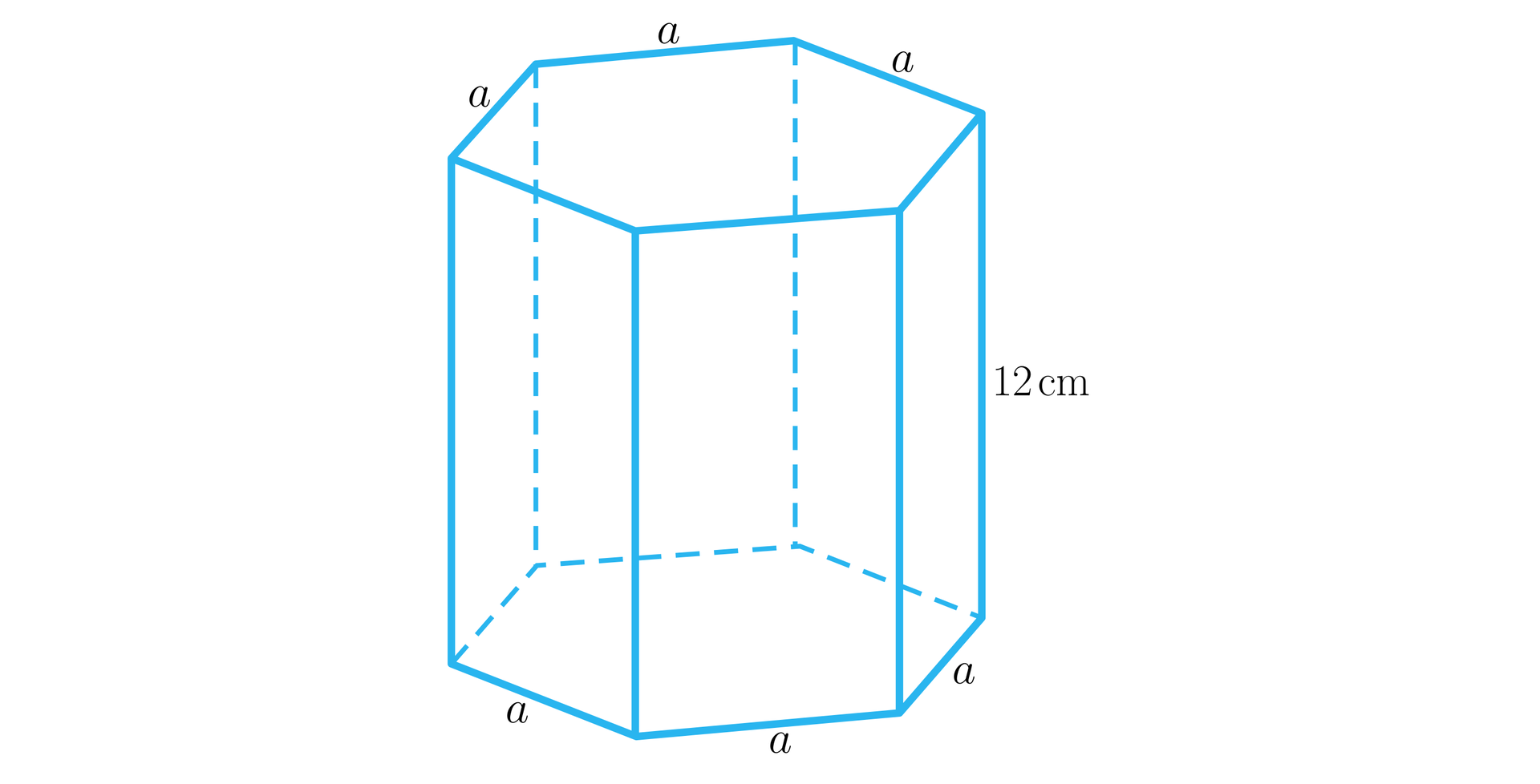 Grafika przedstawia graniastosłup prawidłowy sześciokątny. Krawędź boczna ma długość 12 Każda krawędź podstawy jest podpisana literą a.