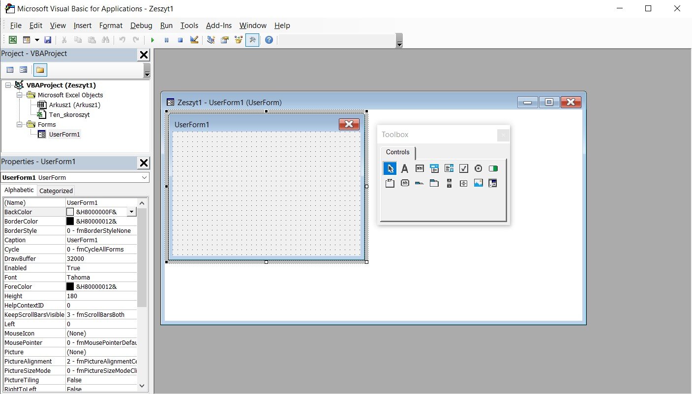 Na ilustracji otwarte jest nowe okno zatytułowane Zeszyt1 - Userform. Jest otwarty nowy formularz o nazwie UserForm1, obok otwarte jest okno Toolbox zawierające zestaw dostępnych kontrolek formularza. 
