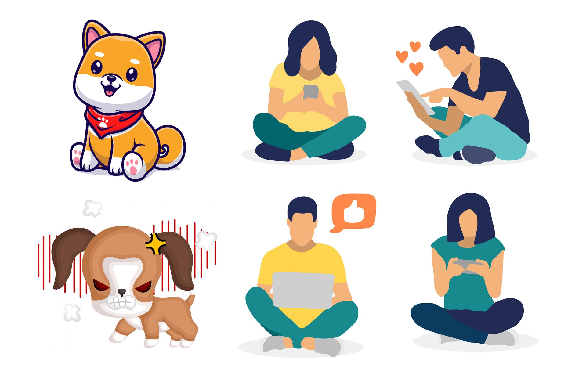 Ilustracja składa się z sześciu obrazków. Na pierwszym od lewej z góry widoczny pluszowy kotek, obok postać siedząca po turecku wpatrzona w telefon, dalej postać siedząca  po turecku trzymająca w dłoni telefon, nad którym unoszą się trzy serduszka. Na pierwszym obrazku z lewej na dole widoczny pluszowy piesek ze złą minką, obok widoczna postać siedząca po turecku i trzymająca oparty na kolanach laptop, obok widoczna ikonka podniesionego kciuka, na końcu jest postać siedząca po turecku wpatrzona w telefon. Pod zdjęciem transkrypcja[odtwórz].