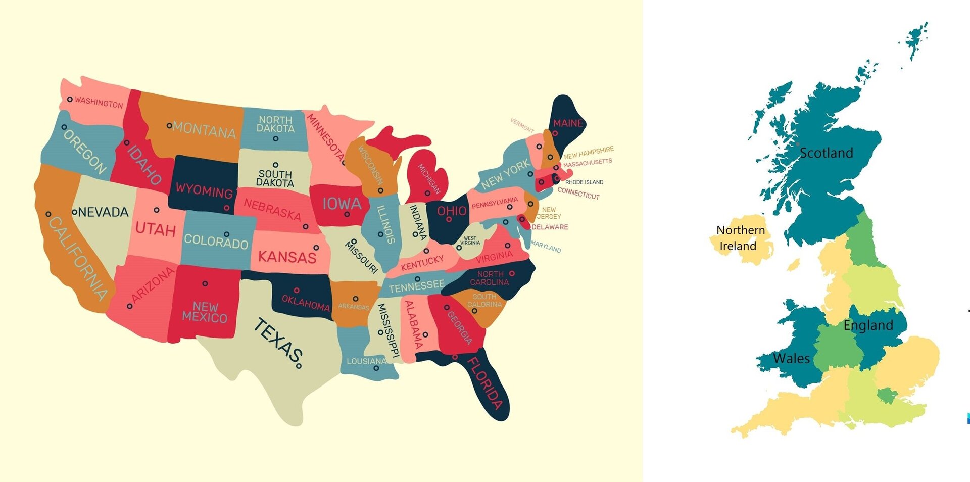 Ilustracja składa się z dwóch grafik. Po lewej widoczna jest mapa polityczna Stanów Zjednoczonych z podziałem na poszczególne stany. Stany zaznaczone są różnymi kolorami: czerwonym, granatowym, niebieskim, pomarańczowo‑brązowym, jasnozielono‑szarym. Na każdym ze stanów widoczna jest jego nazwa. Po prawej stronie widoczna jest mapa polityczna Zjednoczonego Królestwa Wielkiej Brytanii i Irlandii Północnej z podziałem na terytoria. Terytoria zaznaczone są różnymi kolorami: morskim, jasnozielonym, zielonym i żółtym. Na mapie widoczne są nazwy z czarnych liter w języku angielskim: England, Wales, Scotland, Northern Irland.
