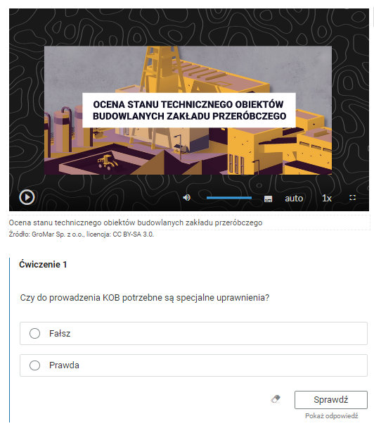 Na zdjęciu widać przykładowy wygląd grafiki tytułowej przedstawiającej animowany wygląd zakładu przeróbczego, która umieszczona jest w sekwencji filmowej. W centralnej części zdjęcia widać dwie hałdy urobku o kształcie piramidy. Z lewej strony hałdy jeździ ładowarka. Za hałdami znajdują się budynki zakładu. Po prawej stronie budynku widoczne są tory na których stoją puste wagony. Po lewej stronie zdjęcia znajdują się trzy zbiorniki o kształcie cylindrów. Na środku zdjęcia widoczny jest animowany prostokąt z przykładowym tytułem brzmiącym: ocena stanu technicznego obiektów budowlanych zakładu przeróbczego. Przykładowy tytuł sekwencji umieszczony jest w środku animowanego prostokąta.