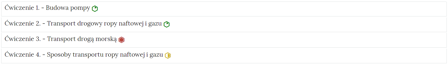 Zdjęcie przedstawia przykładowy wygląd zakładek zawierających interaktywne materiały sprawdzające. Składają się one z prostokątnych paneli umieszczonych jeden pod drugim. Każdy panel posiada numer oraz tytuł, który nawiązuje do zawartego w nim zadania.