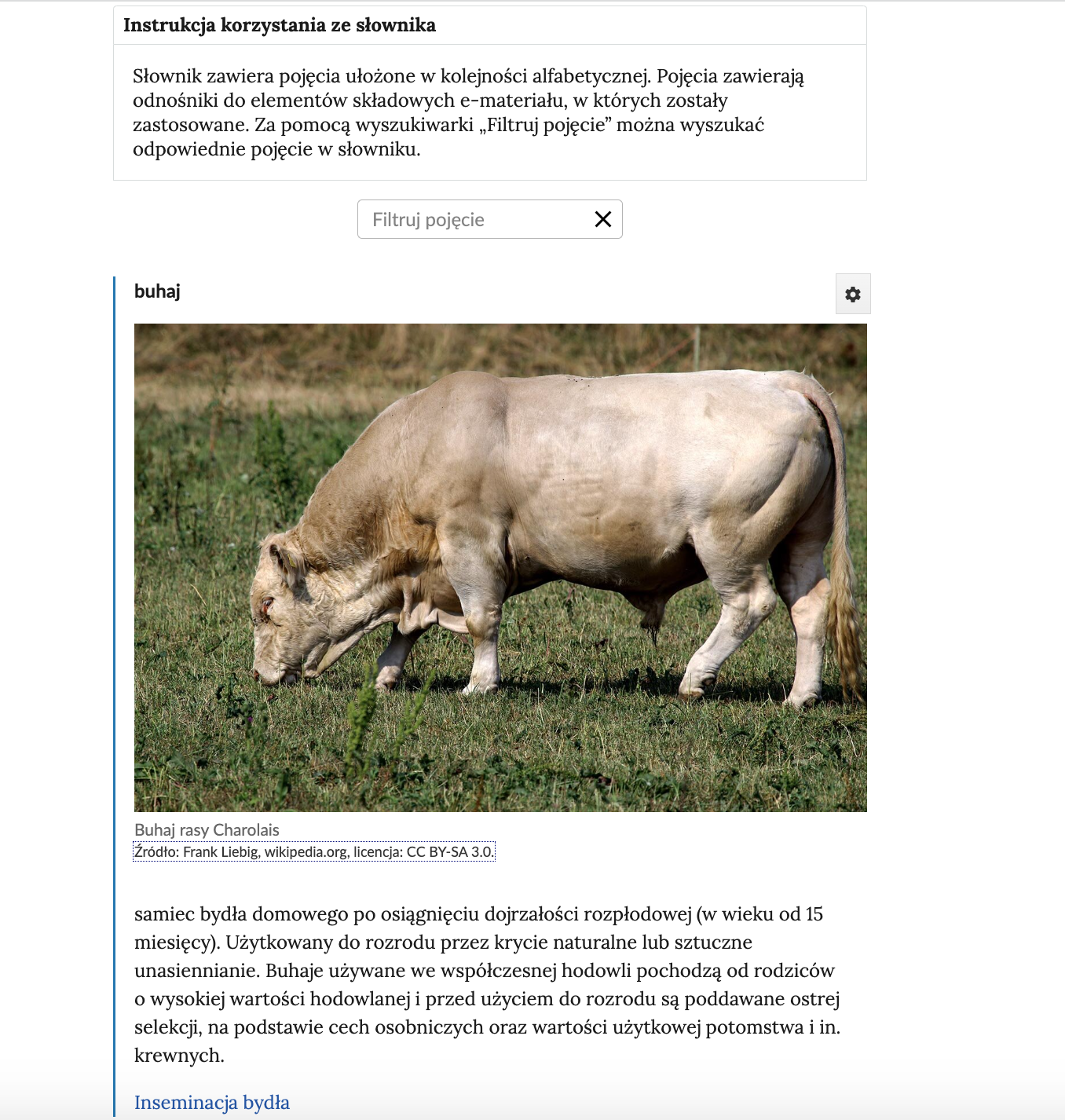 Grafika przedstawia widok na górną część słownika z polem filtrowania haseł słownika. Widoczna jest instrukcja korzystania ze słownika o treści: Słownik zawiera pojęcia ułożone w kolejności alfabetycznej. Pojęcia zawierają odnośniki do elementów składowych e‑materiału, w których zostały zastosowane. Za pomocą wyszukiwarki “Filtruj pojęcie” można wyszukać odpowiednie pojęcie w słowniku. Na dole znajduje się wyszukiwarka, a pod nią definicja buhaja.