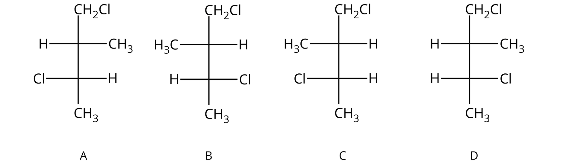 Na ilustracji są cztery wzory A, B, C i D. Łańcuch główny zbudowany jest z czterech atomów węgla. Pierwszy atom węgla wchodzi w skład grupy C H 2 C l , ostatni w skład grupy metylowej. We wzorze A i D drugi atom węgla łączy się po lewej stronie z H, po prawej z grupą metylową. We wzorze B i C drugi atom węgla łączy się po lewej stronie z grupą metylową, a po prawej z H. We wzorze A i C trzeci atom węgla łączy się po lewej stronie z Cl, a po prawej H. We wzorze B i D trzeci atom węgla łączy się po lewej stronie z H, po prawej z Cl.