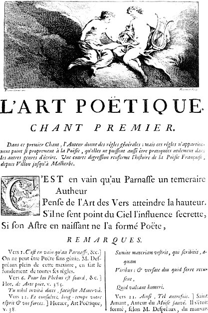 Ilustracja przedstawia stronę tytułową francuskojęzycznej książki. U góry umieszczony jest rysunek prezentujący dwie postaci. Są to dwaj młodzi mężczyźni siedzący naprzeciw siebie. Mężczyzna siedzący po prawej stronie trzyma lirę. Umieszczono na niej napis L'art poétique.
