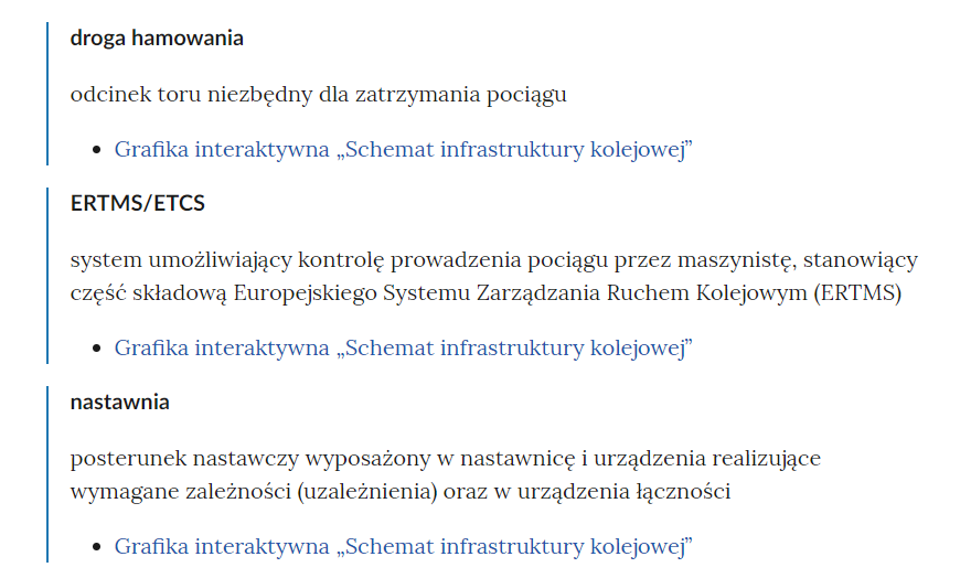 Zrzut ekranu przedstawia kilka pojęć ze Słownika. Konstrukcja jest następująca: pojęcie, poniżej jego wyjaśnienie, a pod nim znajduje się link, po którego kliknięciu użytkownik przenosi się do rozdziału w tym materiale, w którym dane pojęcie jest wykorzystywane. Linków może być jeden lub kilka, w zależności od tego, w ilu rozdziałach użyto pojęcia.