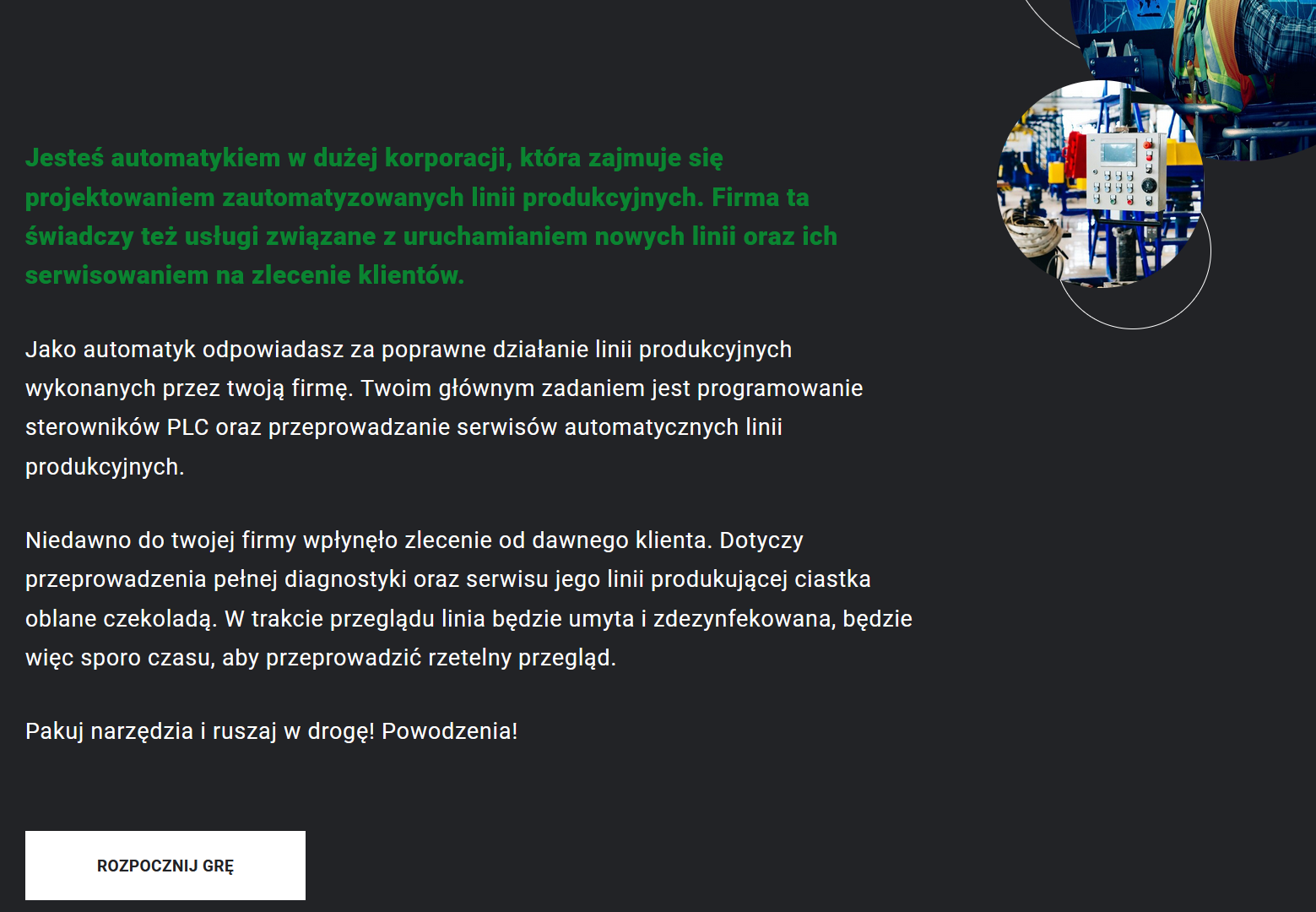Grafika przedstawia przykładowy widok okna gry edukacyjnej. Pośrodku widoczny jest opis gry, niżej przycisk: Rozpocznij grę.