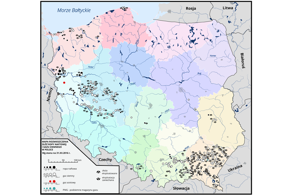 Mapa rozmieszczenia złóż ropy naftowej i gazu ziemnego w Polsce. Gaz ziemny i ropa naftowa: zagłębie surowcowe - Karpaty, Pomorze, zachodnia Polska (między innymi rejon Zielonej Góry). 