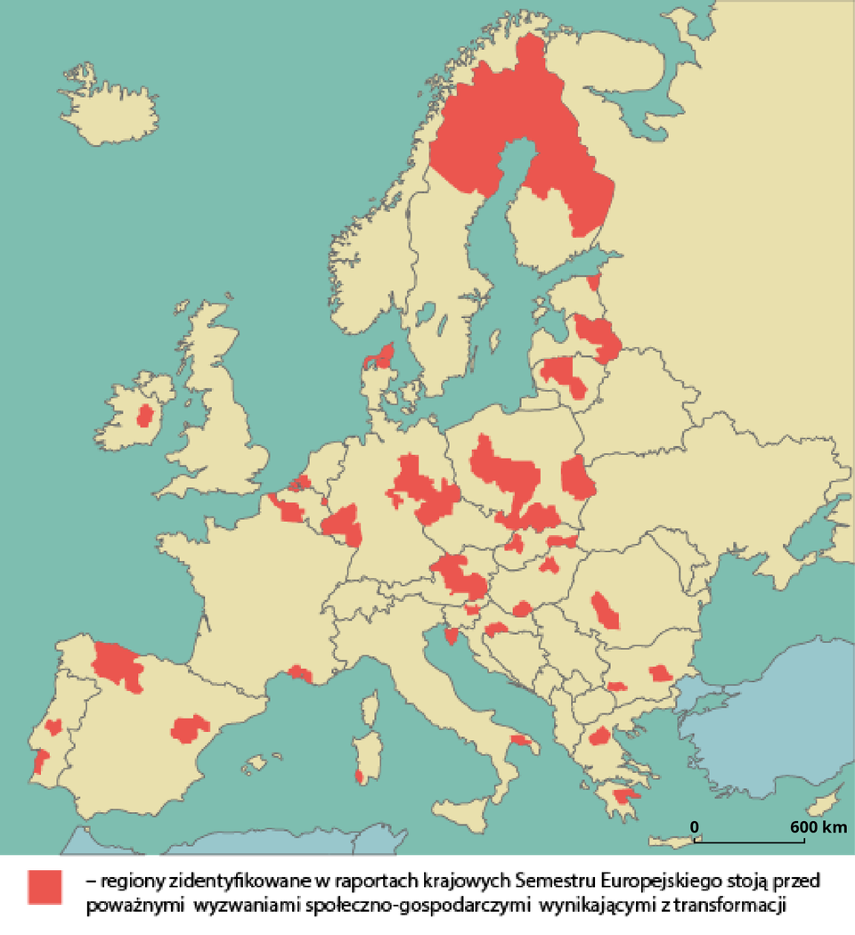 Mapa Europy przedstawia regiony narażone na wstrząsy społeczno‑gospodarcze. Jest to między innymi północ Hiszpanii, granica Niemiec i Belgii, granica Belgii i Francji, środkowa Irlandia, granica Niemiec i Czech, północ Danii, środkowa Polska, wschodnia Polska, południowa Polska, środkowa Austria, środkowa Litwa, wschodnia Łotwa, północna granica Estonii i Rosji, północna Szwecja i północna Finlandia.