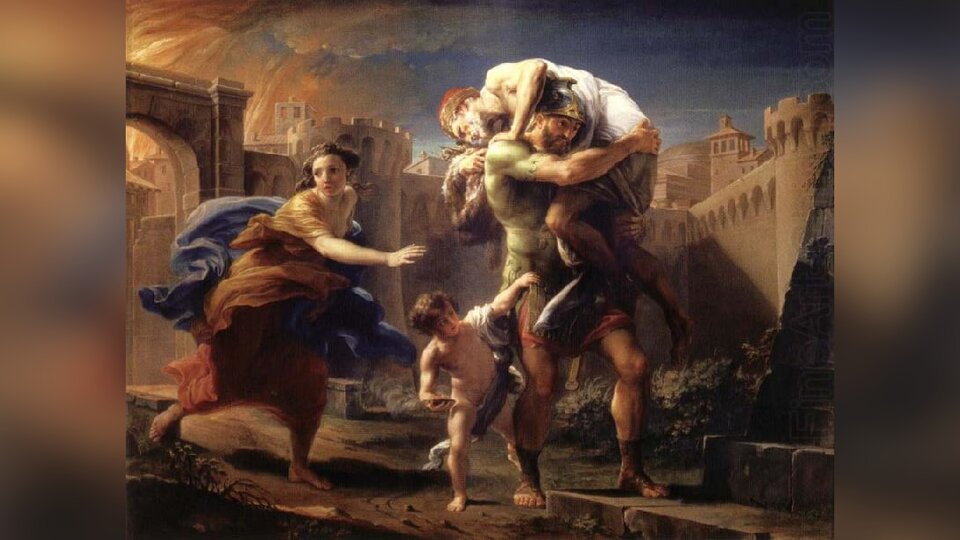 Obraz przedstawia drogę i bramę prowadzącą do starożytnego miasta. W tle łuny pożarów i mury oraz budynki miasta. Po lewej stronie znajduje się kobieta, która z przestrachem ogląda się za siebie. Po prawej stronie  rosły mężczyzna w hełmie, dźwiga na ramieniu starego człowieka z siwą brodą. Do prawej nogi mężczyzny przylgnęło małe dziecko.