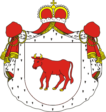 Ilustracja przedstawia herb, na którym w centralnej części stoi czerwony byk. Herb otoczony jest królewskim, czerwonym płaszczem, podszytym gronostajami. Zwieńczony jest czerwoną, zamkniętą  koroną królewską z krzyżem. 