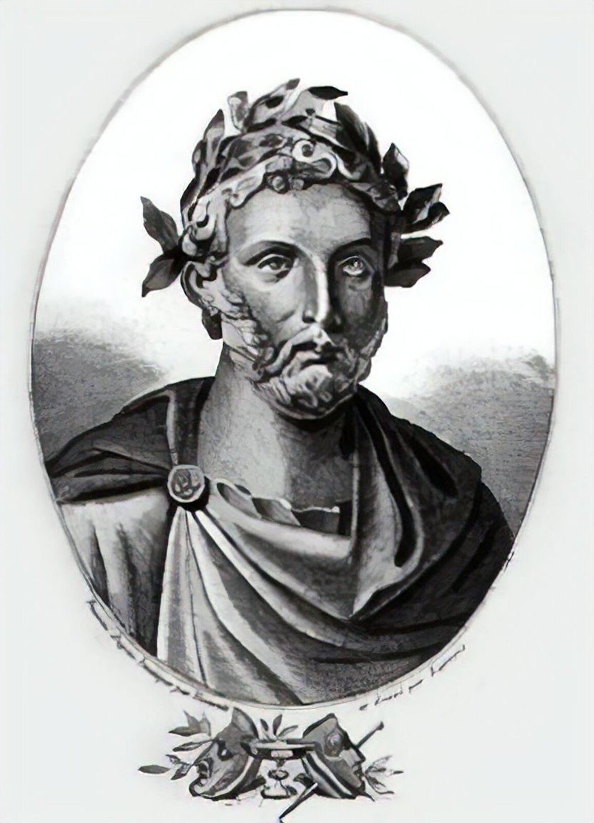 Ilustracja przedstawia dzieło nieznanego autora „Plaut”. Grafika przedstawia popiersie Plauta. Widoczny jest fragment jego szat oraz wieniec laurowy na głowie. Ilustracja jest w odcieniach szarości.