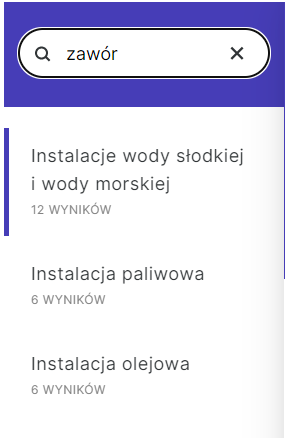 Grafika przedstawia przykładowy panel wyszukiwania haseł w atlasie. U góry widoczna jest belka, gdzie wpisano hasło „zawór”. Poniżej znajdują się tytuły rozdziałów, w których to hasło się pojawia. Pod każdym tytułem widoczna jest informacja, ile razy dane hasło występuje w rozdziale.