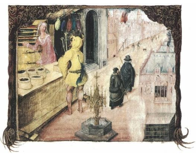 Ilustracja przedstawia kram uliczny. Obok kramu umieszczonego w ciasnej uliczne idzie dwóch mężczyzn, obok nich znajduje się fontanna.  Na blacie kramu stoją woreczki z sypkimi substancjami, w kramie stoi kobieta ubrana w długą suknię, przed kramem stoi mężczyzna kupujący towary.