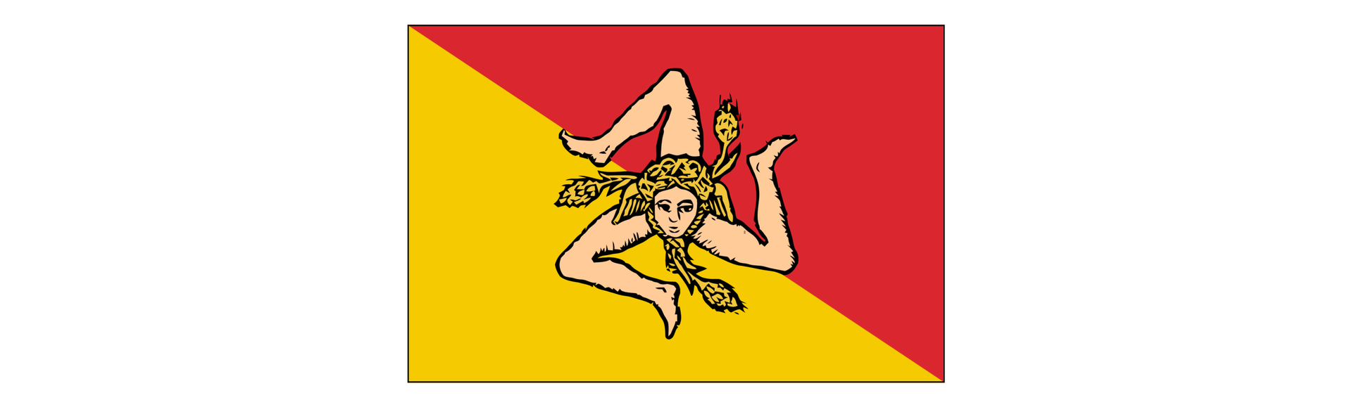 Grafika przedstawia flagę Sycylii. Flaga podzielona jest pod kątem 45 stopni. Każda część jest w innym kolorze. Pośrodku flagi umieszczony jest triskelion (trzy nogi), z głową Meduzy, otoczoną trzema kłosami pszenicy. 