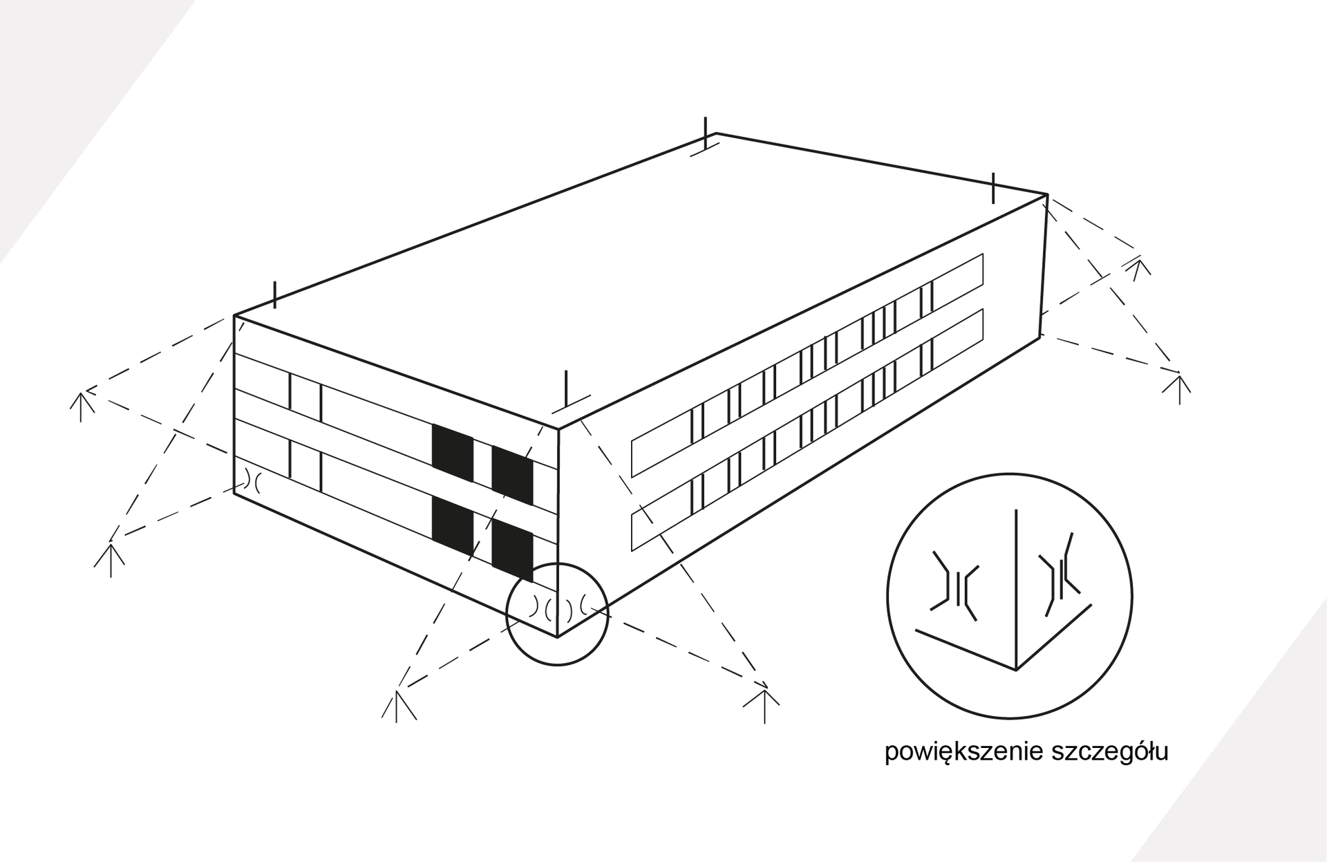 Grafika przedstawia przenoszenie osi metodą rzutowania. Grafika przedstawia prostopadłościan symbolizujący budynek, z dwoma rzędami białych kwadratów na dłuższym boku i dwoma rzędami białych i czarnych kwadratów na krótszym boku. Od górnych narożników prostopadłościanu biegną pod kątem przerywane linie, które łączą się z przerywanymi liniami biegnącymi od dolnych narożników prostopadłościanu, w ten sposób tworząc trójkąty. Na dolnym narożniku nałożony jest okrąg, którego powiększenie widoczne jest  po prawej stronie.

Opis prezentowanych na zdjęciu obrazów jest załączony w treści e‑booka